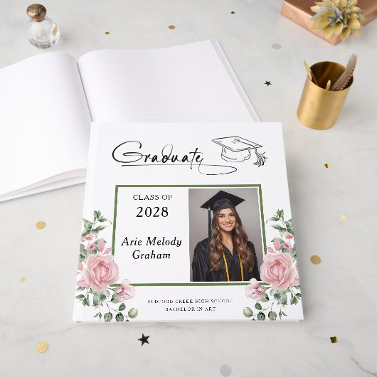 Modern Pink Roses Graduation 2 Photo ゲストブック (正面見開き)