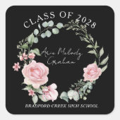 Modern Pink Roses Script Class of Graduation スクエアシール (正面)