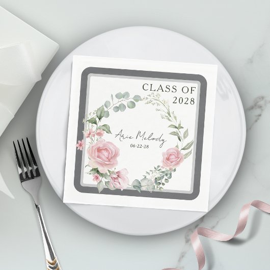 Modern Pink Roses Script Class of Graduation スタンダードランチョンナプキン