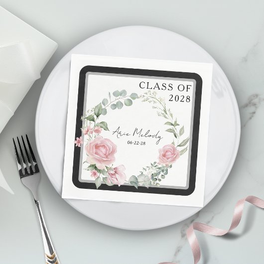 Modern Pink Roses Script Class of Graduation スタンダードランチョンナプキン
