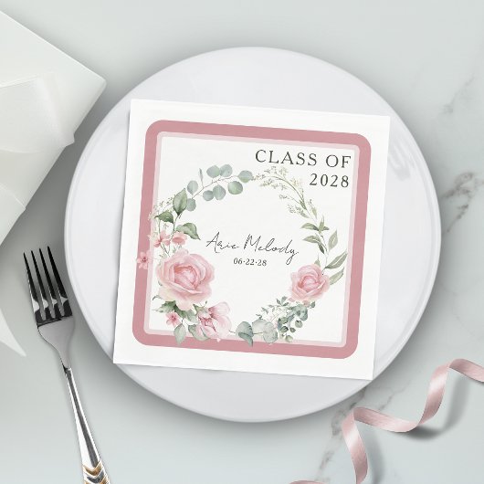 Modern Pink Roses Script Class of Graduation スタンダードランチョンナプキン