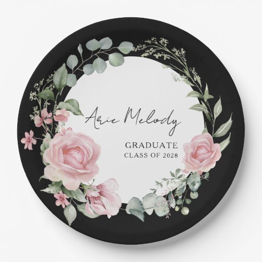 Modern Pink Roses Script Class of Graduation ペーパープレート (正面)