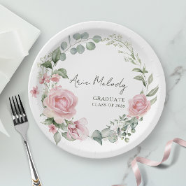 Modern Pink Roses Script Class of Graduation ペーパープレート