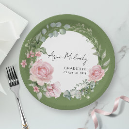 Modern Pink Roses Script Class of Graduation ペーパープレート