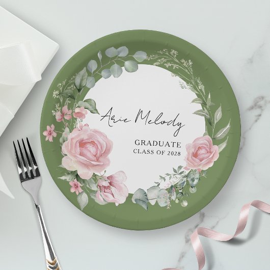 Modern Pink Roses Script Class of Graduation ペーパープレート