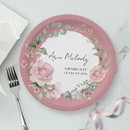 Modern Pink Roses Script Class of Graduation ペーパープレート