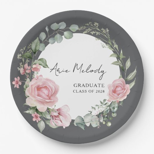 Modern Pink Roses Script Class of Graduation ペーパープレート (正面)