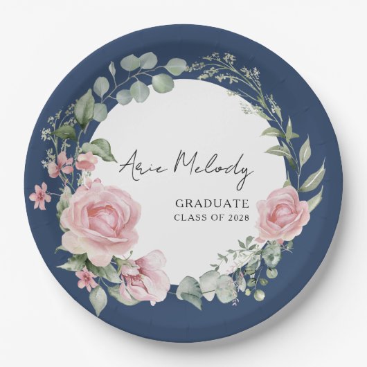 Modern Pink Roses Script Class of Graduation ペーパープレート (正面)