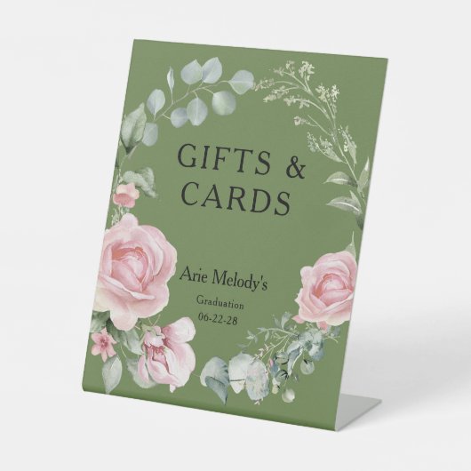 Modern Pink Roses Script Graduation Gifts & Cards 台座サイン (正面)