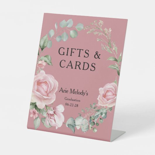 Modern Pink Roses Script Graduation Gifts & Cards 台座サイン (正面)