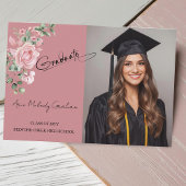 Modern Pink Roses Script Graduation Photo サンキューカード