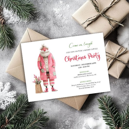 Modern Pink Santa Funny Christmas Party Template 招待状