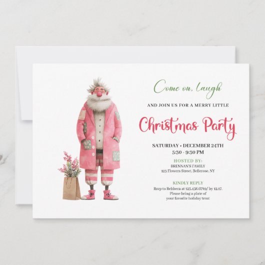 Modern Pink Santa Funny Christmas Party Template 招待状 (正面)