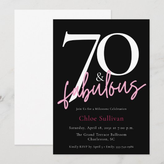 Modern Pink Script 70 Fabulous Milestone Birthday 招待状 (正面/裏面)