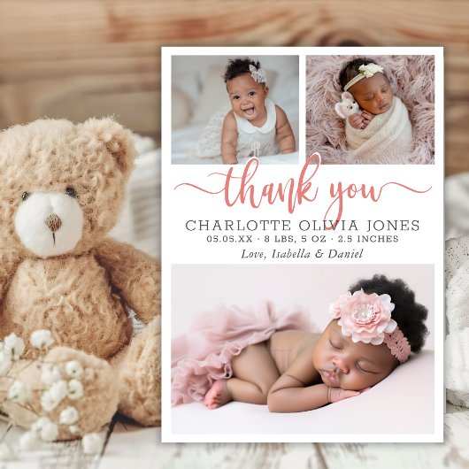 Modern Pink Script Baby Girl Birth Photo Collage  案内状