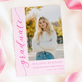 Modern Pink Script Photo Graduation Invitation 招待状