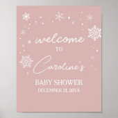 Modern Pink Snowflakes Baby Shower Welcome ポスター (正面)