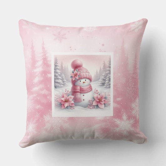 Modern Pink Snowman Christmas Scene Kids Gift クッション (裏面)