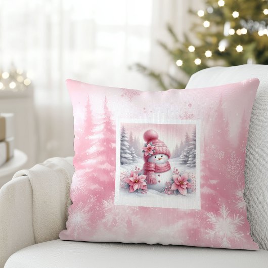 Modern Pink Snowman Christmas Scene Kids Gift  クッション