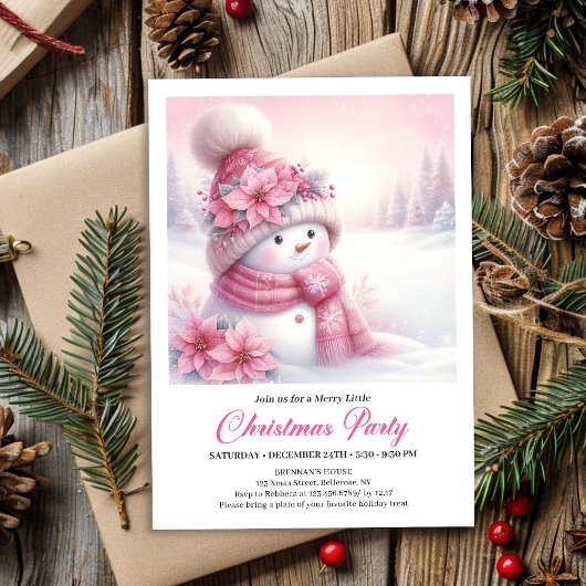 Modern Pink Snowman Kids Download Christmas Invite 招待状