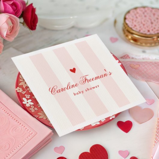 Modern Pink Stripe Heart Valentine Baby Shower スタンダードカクテルナプキン