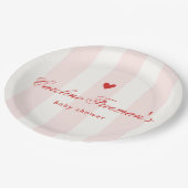 Modern Pink Stripe Heart Valentine Baby Shower ペーパープレート (アングル)