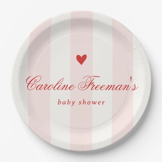Modern Pink Stripe Heart Valentine Baby Shower ペーパープレート (正面)