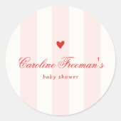 Modern Pink Stripe Heart Valentine Baby Shower ラウンドシール (正面)