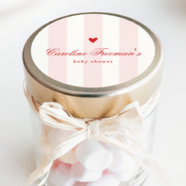 Modern Pink Stripe Heart Valentine Baby Shower ラウンドシール