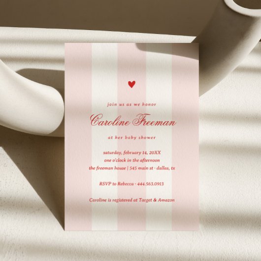 Modern Pink Stripe Heart Valentine Baby Shower 招待状