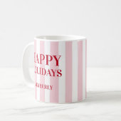 Modern Pink Striped Personalized Happy Holidays コーヒーマグカップ (正面左)