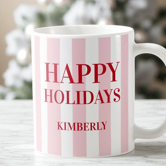 Modern Pink Striped Personalized Happy Holidays コーヒーマグカップ