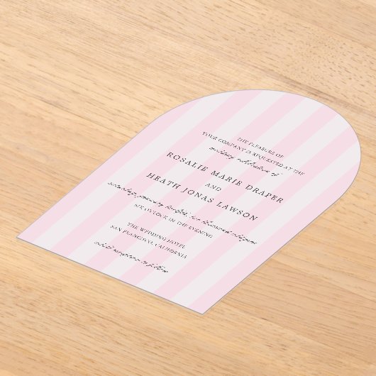 Modern Pink Stripes Elegant Wedding アクリル招待状 (レイダウン)