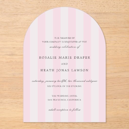 Modern Pink Stripes Elegant Wedding アクリル招待状 (正面)