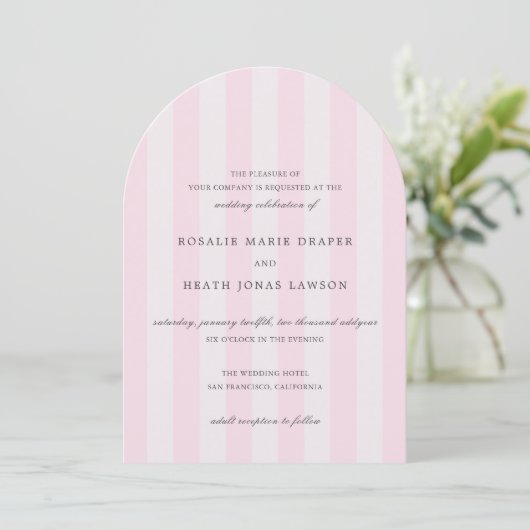 Modern Pink Stripes Elegant Wedding 招待状 (スタンド正面)