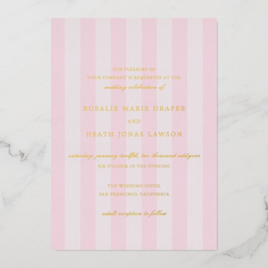 Modern Pink Stripes Elegant Wedding 箔招待状 (正面)