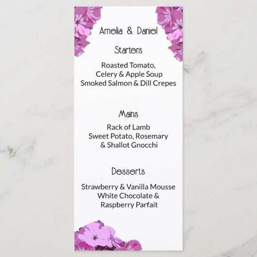 Modern Pink Summer Floral Wedding Menu Card メニュー (正面)