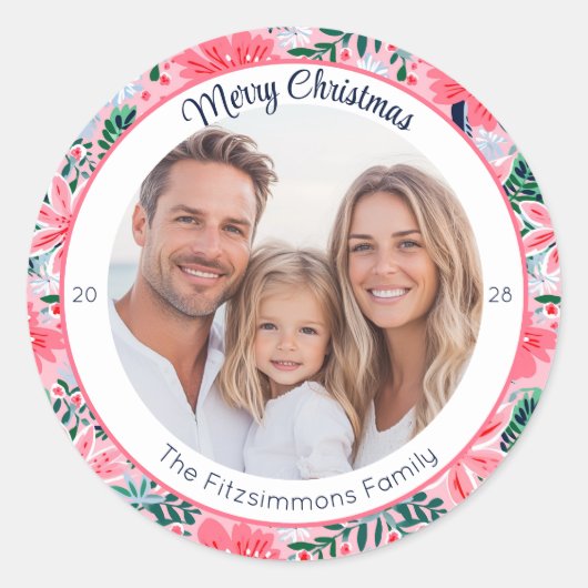 Modern Pink Tropical Holiday Botanical Photo ラウンドシール (正面)