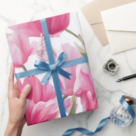 Modern Pink Tulip White Floral Pattern ラッピングペーパー