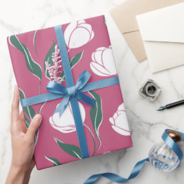 Modern Pink Tulip White Floral Pattern ラッピングペーパー
