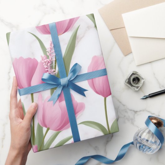 Modern Pink Tulip White Floral Pattern ラッピングペーパー (ギフト)