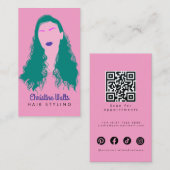Modern Pink Turquoise Hair Styling Flat Design QR 名刺 (正面/裏面)