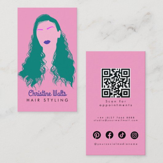 Modern Pink Turquoise Hair Styling Flat Design QR 名刺 (正面/裏面)