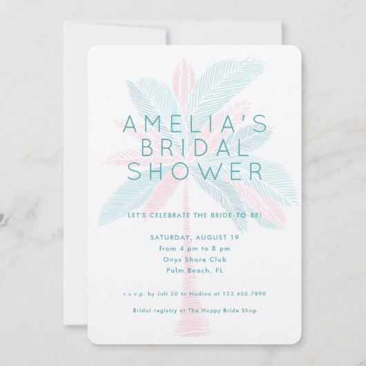 Modern Pink Turquoise Palm Tree Bridal Shower 招待状 (正面)