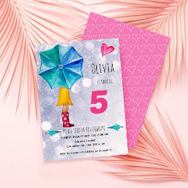 Modern Pink Umbrella Girl Watercolor Illustration 案内状