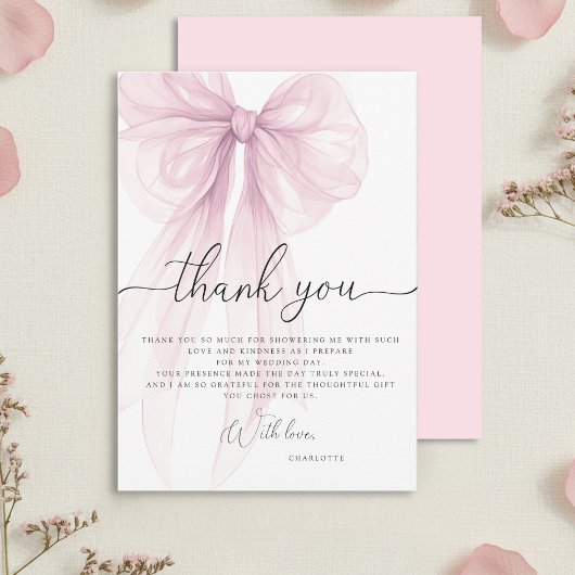 Modern Pink Watercolor Bow Bridal Shower サンキューカード