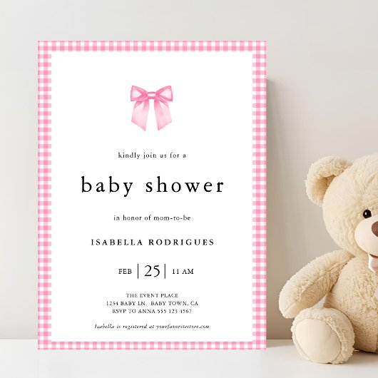 Modern Pink Watercolor Bow Gingham Baby Shower 招待状