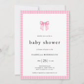 Modern Pink Watercolor Bow Gingham Baby Shower 招待状 (正面)