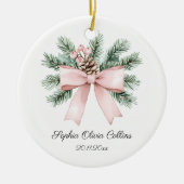 Modern Pink Watercolor Bow Script Baby Girl Name セラミックオーナメント (正面)