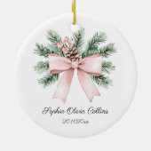 Modern Pink Watercolor Bow Script Baby Girl Name セラミックオーナメント (裏面)